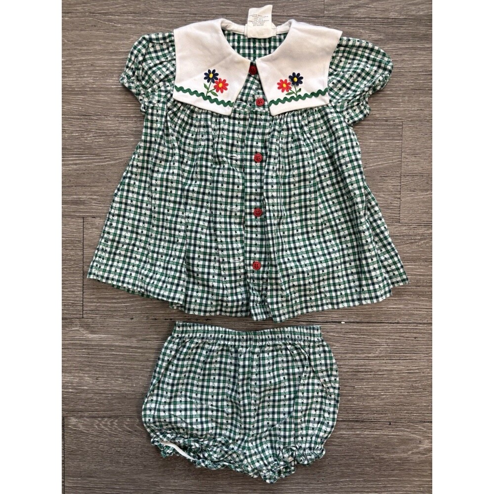 Vintage-style Green and White Peter Pan Gingham Dress and Bloomer Set 18 Months